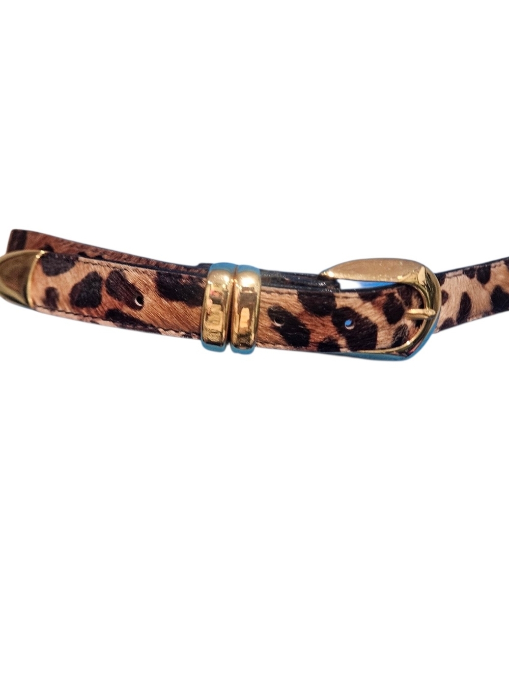 Vintage Leopard Print Calf Hair Leather Belt Gold Hardware. Size Medium - Picture 4 of 16